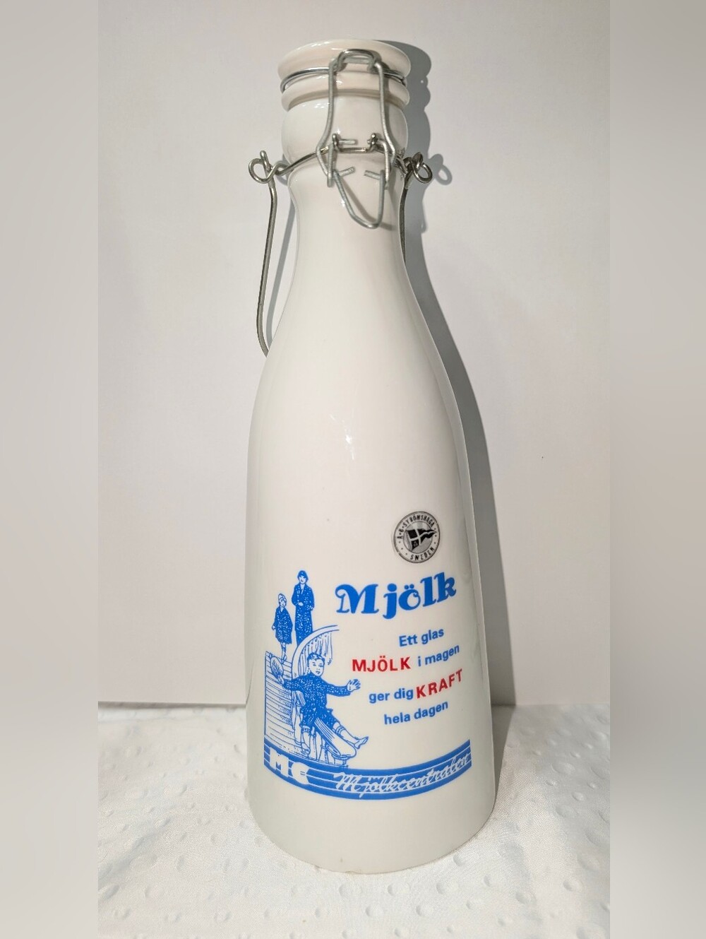 Swedish White Collectable Ceramic Milk Bottle With Swing Top